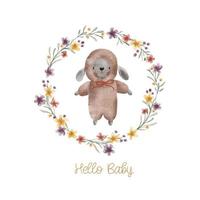 Watercolor welcome baby card with green leaves wreath, plush toy sheep. Isolated on white background. Hand drawn clipart. Perfect for card, postcard, tag, invitation, printing, wrapping. vector