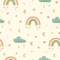 Children's vector seamless pattern with cute rainbows and clouds.