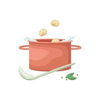 Vector illustration of a pot into which Russian dumplings are thrown. Cooking pelmenies. National food.