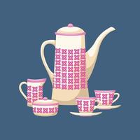 Vector illustration of a retro tea set. A teapot, a sugar bowl, a milk jug and two tea pairs.