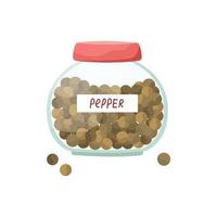 Vector illustration of a glass jar with black pepper. Peas. Spices.