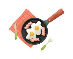 Vector illustration of fried eggs with bacon in a frying pan on a red tablecloth. Breakfast, cooking. Flat lay