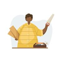 Vector illustration of a carpenter with wooden planks and a saw in his hands. Profession. Outline