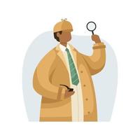 Vector illustration of a private investigator in a raincoat with a magnifying glass in his hands and a smoking pipe. Profession. Flat style