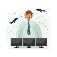 Vector illustration of an air traffic controller with a headset on his head in front of monitors. Profession. Line art