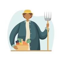 Vector illustration of a farmer with a pitchfork in his hand and a basket of vegetables. Profession. Flat style