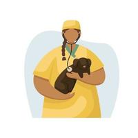 Vector illustration of a veterinarian in a medical uniform with a dog in her arms. Profession. Flat style