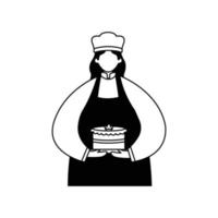 Vector illustration of a pastry chef in uniform with a cake in her hands. Profession. Line art