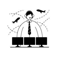 Vector illustration of an air traffic controller with a headset on his head in front of monitors. Profession. Line art