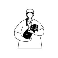 Vector illustration of a veterinarian in a medical uniform with a dog in her arms. Profession. Line art