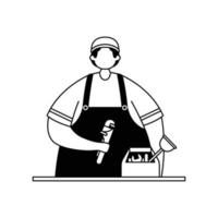 Vector illustration of a plumber in a form with tools. Profession. Line art