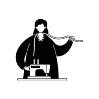 Vector illustration of a seamstress with a sewing machine and measuring tape. Profession. Line art