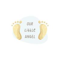 Vector children's illustration of a child's foot print with handwritten lettering. A newborn.