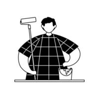 Vector illustration of a painter with a roller and a bucket of paint. Profession. Outline