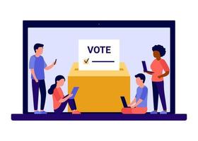 Online voting concept with computer screen, electronic vote campaign on election. Voting box and voters choose. Put ballot paper in ballot box. Online electronic voting and election concept. Vector
