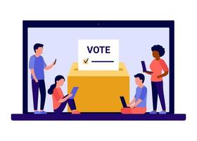 Online voting concept with computer screen, electronic vote campaign on election. Voting box and voters choose. Put ballot paper in ballot box. Online electronic voting and election concept. Vector