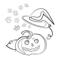 Jack O Lantern Pumpkin with witch hat and autumn leaves flying from the hat Line art abstract vector illustration isolated on white.Halloween design element for print,coloring,cover,emblem,card,