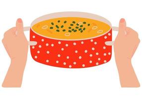 Female hands hold a red saucepan with vegetable soup. Tableware. Kitchen dishes. vector