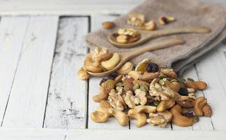 Dried nuts - cashew, almond,walnut and berry on white wooden table photo