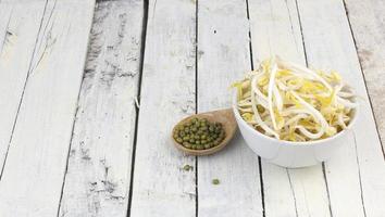 Bowl of raw mung bean sprouts and spoon of mung beans photo