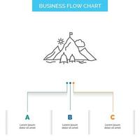 logro. bandera. misión. montaña. diseño de diagrama de flujo empresarial de éxito con 3 pasos. icono de línea para el lugar de plantilla de fondo de presentación para texto vector