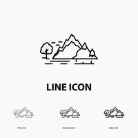 Cerro. paisaje. naturaleza. montaña. icono de árbol en fino. estilo de línea regular y en negrita. ilustración vectorial vector