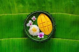 Thai dessert - mango sticky rice on banana leaf plate puts on banana leaf background. photo