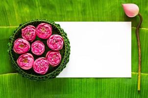 Banana leaf Krathong decorates with pink lotus flowers for Thailand Full moon or Loy Krathong festival with space for text. photo