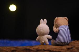 Teddy bear crying and sitting on a timber facing to the blue sea and moon with the rabbit doll who giving consolation in the sadness night. photo