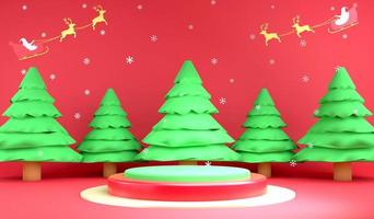 podio de renderizado 3d y árbol de navidad sobre fondo rojo, copo de nieve de ilustración 3d y fondo de trineo de santa foto
