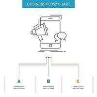 megáfono. marketing. móvil. megáfono. diseño de diagrama de flujo de negocio de promoción con 3 pasos. icono de línea para el lugar de plantilla de fondo de presentación para texto vector