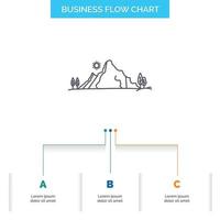 mountain. landscape. hill. nature. tree Business Flow Chart Design with 3 Steps. Line Icon For Presentation Background Template Place for text vector