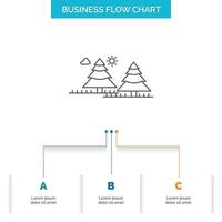 bosque. cámping. selva. árbol. diseño de diagrama de flujo de negocios de pinos con 3 pasos. icono de línea para el lugar de plantilla de fondo de presentación para texto vector