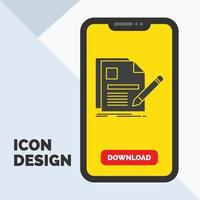 document. file. page. pen. Resume Glyph Icon in Mobile for Download Page. Yellow Background vector