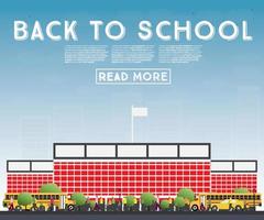 Back to School. Banner with School Bus, Building and Students. vector