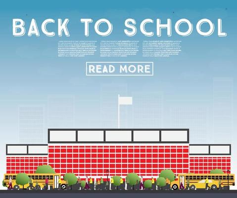 Back to School. Banner with School Bus, Building and Students.