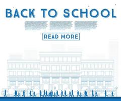 Outline Back to School. Banner with School Bus, Building and Students. vector