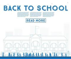 Outline Back to School. Banner with School Bus, Building and Students. vector