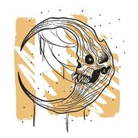Mystical moon with a skull, contour drawing, graphics, strokes
