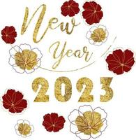 feliz año nuevo 2023 flor dorada cosmos diseño de texto vector