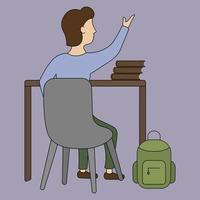 The student raises his hand to answer the question. Color vector illustration. A brunette boy sits at a desk in the classroom, next to textbooks and a briefcase. Cartoon style. School theme