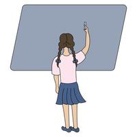 The schoolgirl writes on the blackboard with chalk. Color vector illustration. Brunette girl with pigtails view from the back. School theme. Cartoon style. Isolated background.