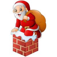 santa claus en la chimenea del techo de la casa con bolsa de regalos vector