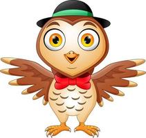 Cute owl cartoon wearing hat and red bow vector