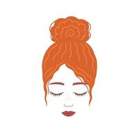 Red curly hair bun. Beautiful girl with freckles. Illustration for backgrounds, covers and packaging. Image can be used for greeting cards, posters and textile. Isolated on white background. vector