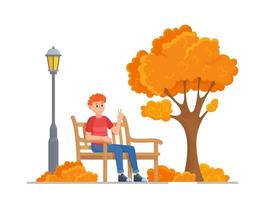 Vector illustration of a character sitting on a bench in the fall. Concept of a young guy relaxing during an autumn leaf fall.