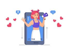 A girl blogger is running a marathon on social media. Vector illustration of a modern earning platform. Creative character.