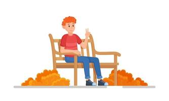 Vector illustration of a character sitting on a bench in the fall. Concept of a young guy relaxing during an autumn leaf fall.