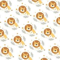 Seamless pattern with cute lion animals and leaves perfect for wrapping paper vector