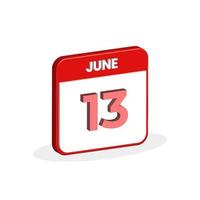 13 de junio calendario icono 3d. 3d junio 13 fecha del calendario, ilustrador de vector de icono de mes